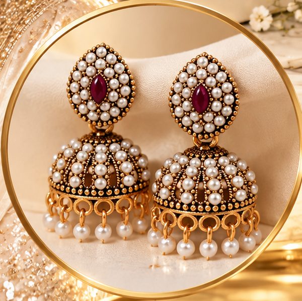 HANSINI369 pearl-and-gold jhumka earrings with ruby-red centre stones