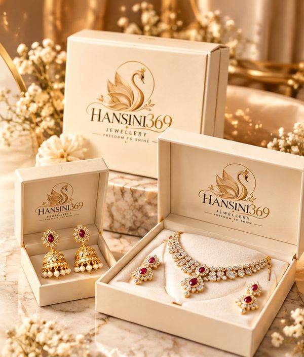 HANSINI369 necklace set and jhumkas displayed in ivory-and-gold gift boxes